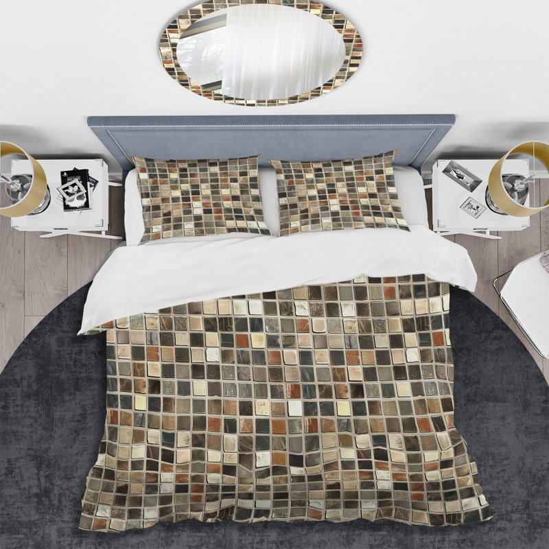 Ensemble de housse de couette moderne brun beige et mosaïque II, Housse de couette simple + 2 taies décoratives st