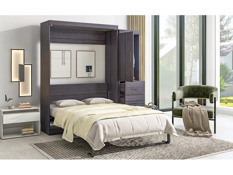 Lit escamotable double avec garde-robe et amp; Tiroirs, aucun sommier requis, robustes Gris peu encombrant
