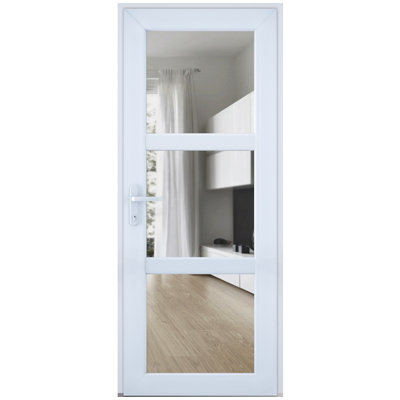 Front Exterior Prehung FiberGlass Door Clear Glass See-through Manux 8555 White Silk Clear Glass Top Exterior Window Office Commercial and Residential Doors Entrance Patio Garage-W36 x H80+14-Left-hand Inswing