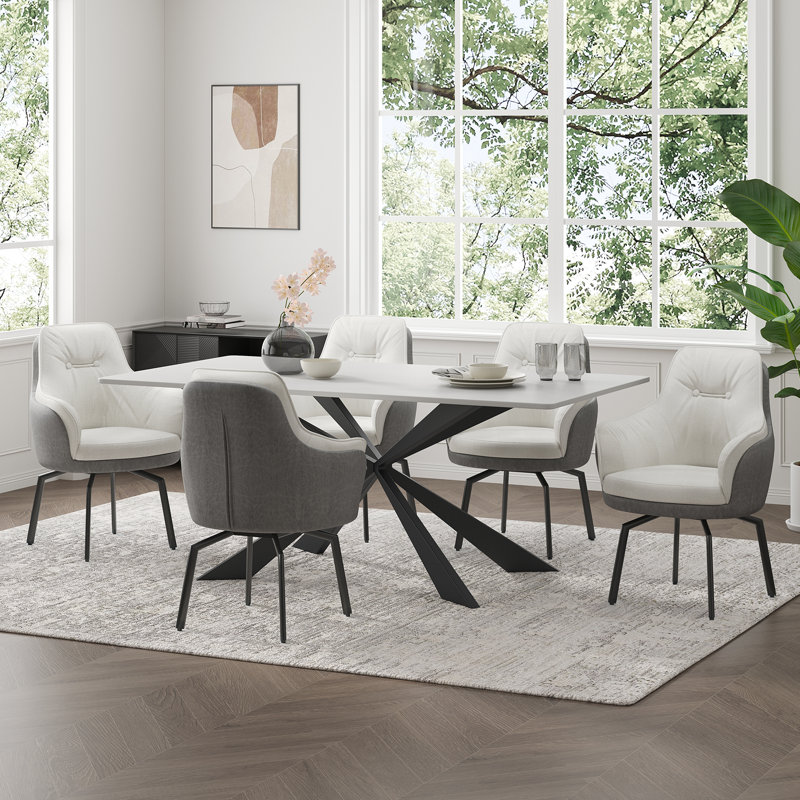 17.7"H Modern Two-Tone Upholstered Swivel Dining Armchair, White/Gray