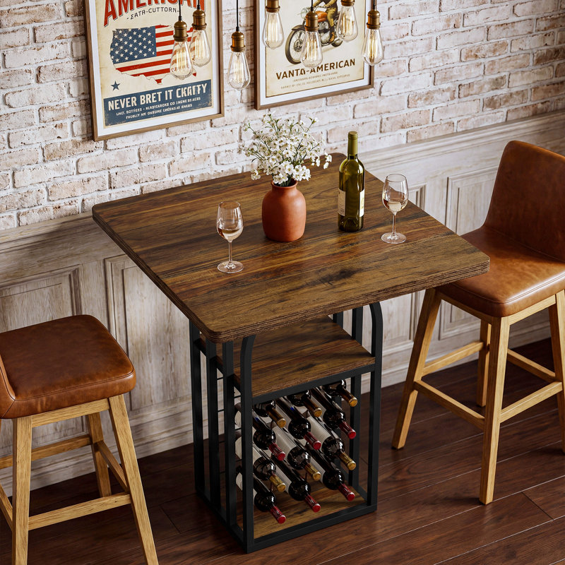 Table de bar carrée industrielle, table bistro H 35 po avec support à vin à 4 niveaux et tablettes