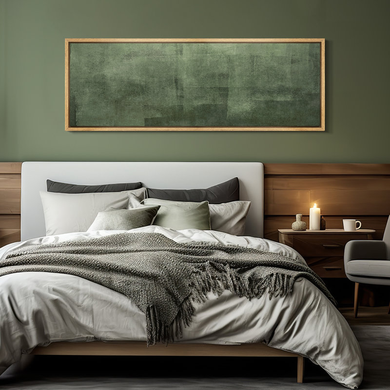 Deep Green Minimal Abstract Color Field Framed Canvas Master Bedroom Wall Art Work Print, 20" H x 60" W