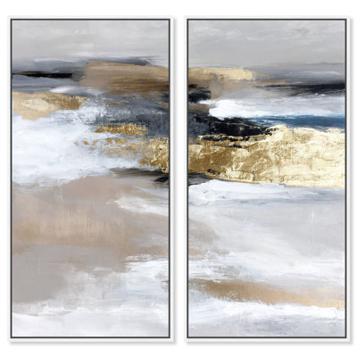 Tableau abstrait sur toile encadrée « Ambre silencieuse III » par Art Remedy, cadre en noyer, 27 x 54