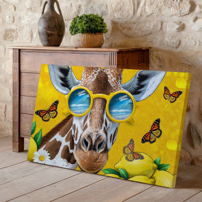 Canvas A Whimsical Illustration Of A Giraffe S Head Adorned With Wall Art Oversized Round Yellow Sunglasses Reflecting A Vibrant Scene Canvas Wall Art