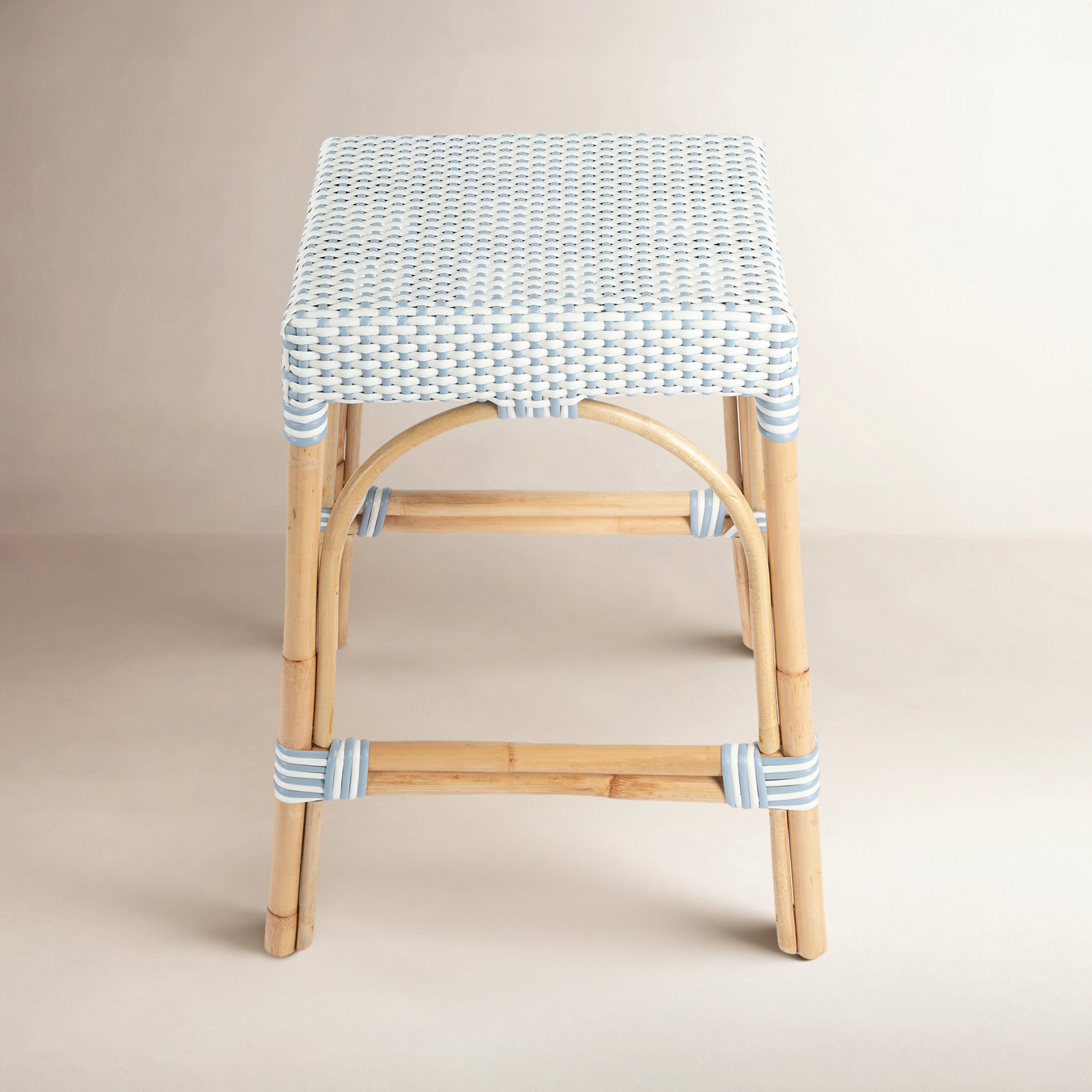 Lennart 30" Bar Stool, White/Sky Blue Dot / Natural Rattan Frame, Counter Stool (24.5" Seat Height)
