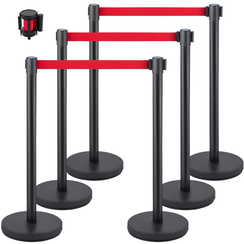 Poteau de contrôle des foules, ensemble de poteaux de 6 pièces, ensemble de poteaux avec ceinture rétractable rouge de 6,6 pi / 2 m, barrière de contrôle des foules avec base en caoutchouc - assemblage facile pour le contrôle des foules (noir)