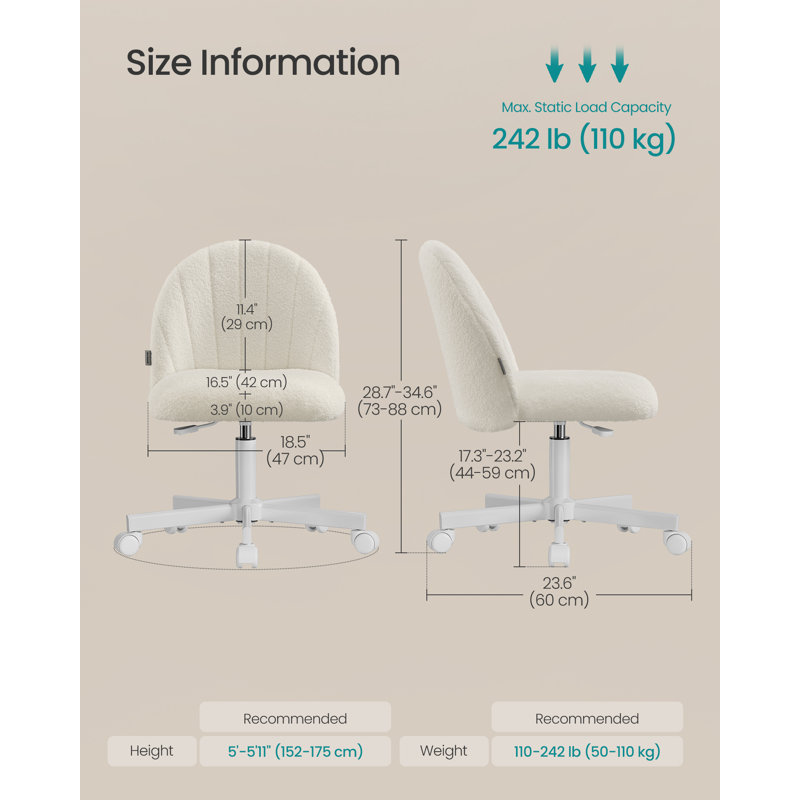 Office Chair, Swivel Makeup Vanity Desk Chair, Height Adjustable, Teddy Fleece, Foam Padded, For Office, Bedroom, Dressing Room