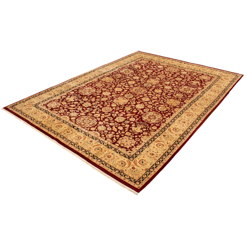 Tapis décoratif en laine rouge foncé de conception unique 10 pi 2 po x 14 pi 3 po noué à la main New Age