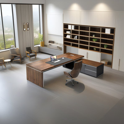 Modern style walnut desk with side cabinet