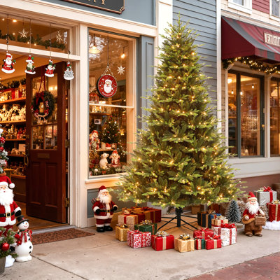 7.5FT Pre-lit Christmas Tree with 3398 Branch Tips, Pre-Lit Slim Spruce Artificial Xmas Tree with 500 Lights And 9 Lighting Modes