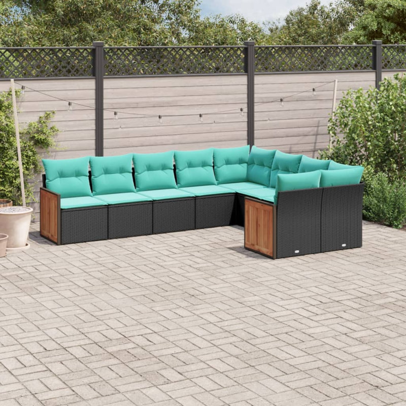  Ensemble de canapé de patio 9 pièces avec coussins en rotin de polyester noir