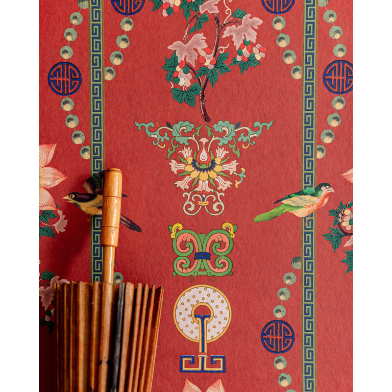 Chinese Garden Floral Wallpaper Roll, Red/Pink/Green