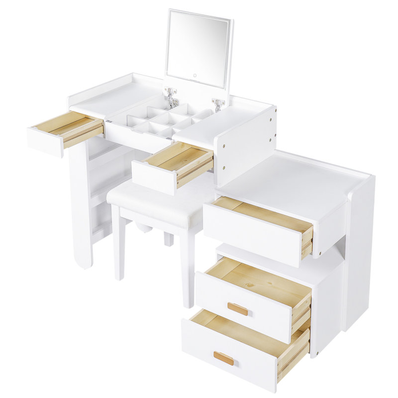 31 Vanity With Flip-Top Mirror, 3 Color Lighting, And Retractable Storage Cabinet - Ideal For Small Spaces Desk Hidden Comfortable Stool Frame A Well Constructed
