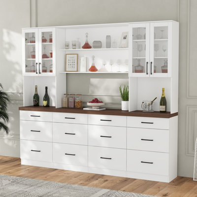 94.5" Wide Large Wine Bar Cabinet With 12 Drawers & Glass Doors by Latitude Run