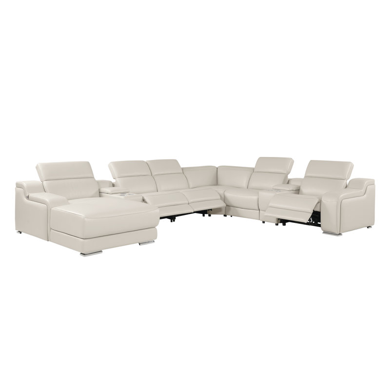 Canapé modulaire en forme de L crème en cuir italien de qualité supérieure de 8 pièces avec 3 fauteuils inclinables électriques et appuis-tête réglables crème