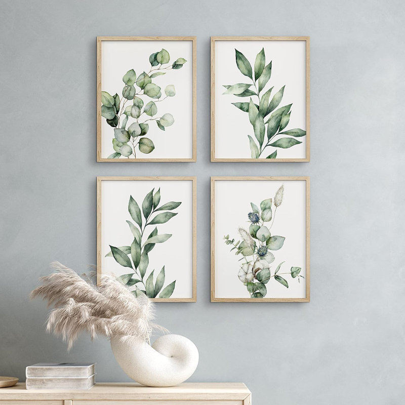 Aquarelle vert pastel, ensemble de 4 décorations murales florales variées encadrées, 4 pièces, H 10 po x l 8 po x P 1 po