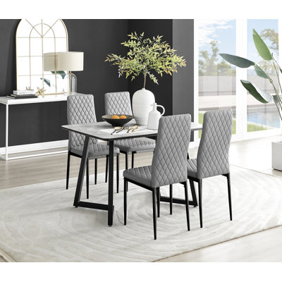 Industrial Design White & Grey Marble Effect Melamine Dining Table Set with 4 Faux Leather Chairs