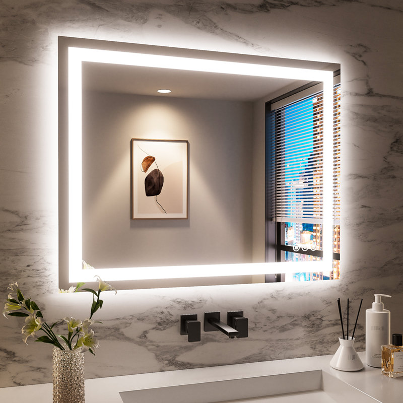 Miroir de salle de bain 48x32 pouces à DEL intelligent avec mode brouillard écoénergétique, luminosité et température de couleur réglables, verre trempé de 5 mm pour, longue durée de vie à intensité variable, installation facile, rigueur