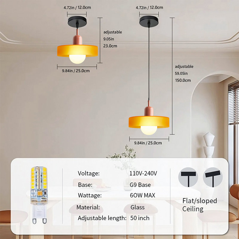 Luminaire suspendu 0 lumière, Rose, Orange, H 7,8 po x l 9,84 po x P 9,84 po