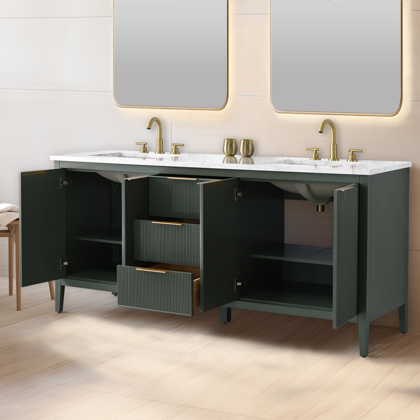 Bilroy 72" Pine Double Bathroom Vanity, Vintage Blue/Brushed Bronze