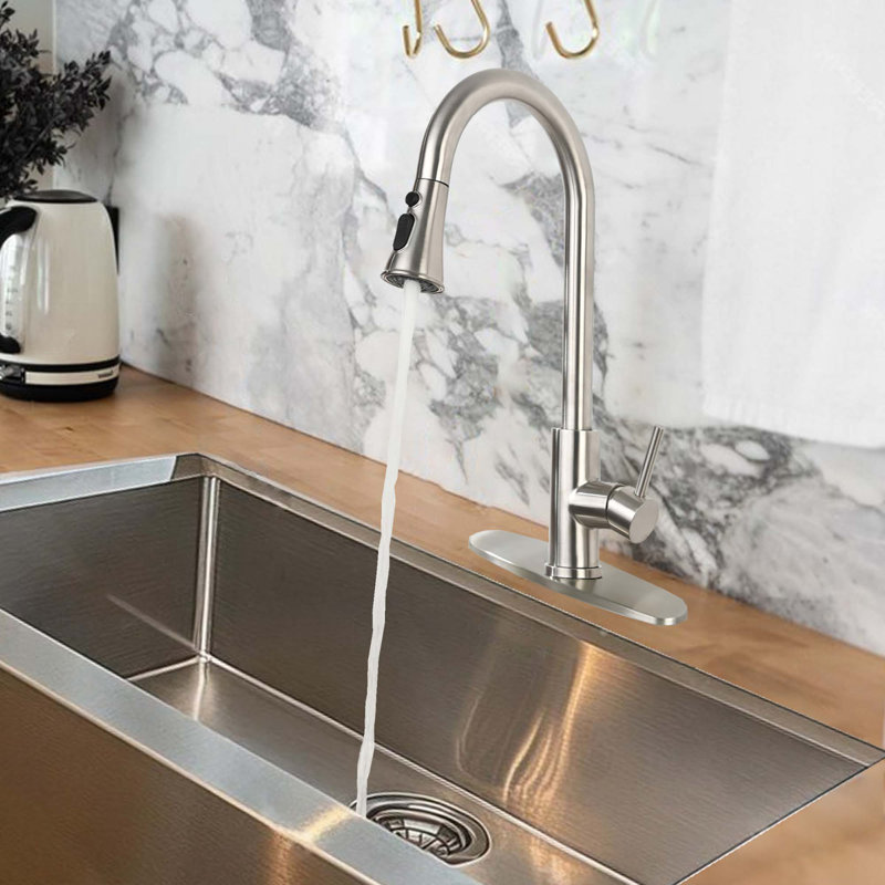 Robinet de cuisine rétractable à poignée simple - installation sur comptoir à un trou avec douchette en acier inoxydable