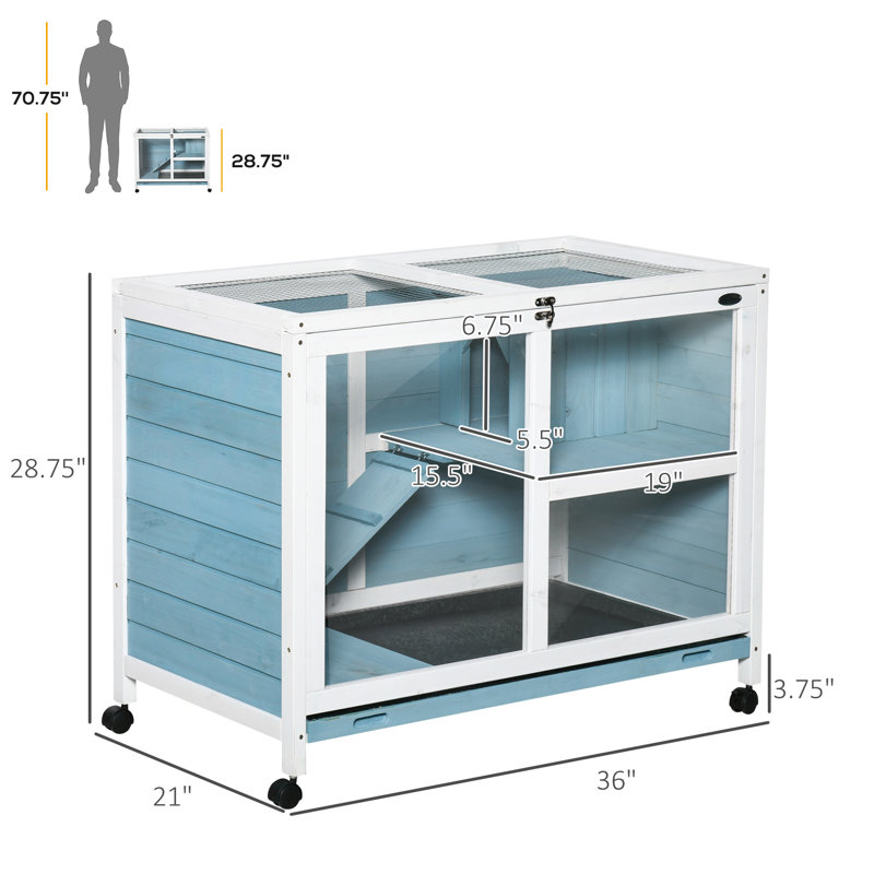 Light Blue Wooden Guinea Pig Cage with Ramp and Wheels