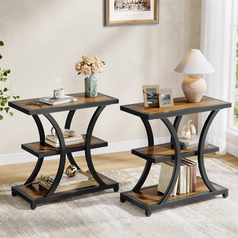 Ensemble de 2 tables de bout, table d'appoint étroite avec tablettes de rangement