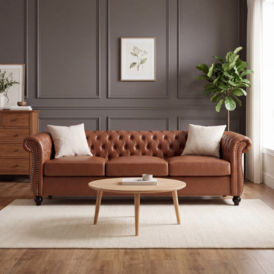 82.38" Faux Leather Chesterfield Sofa with Nailhead