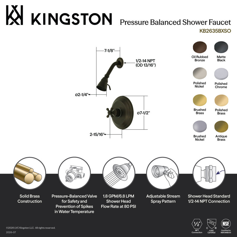 Robinet de douche à pression équilibrée à poignée simple Kingston Brass Metropolitan, Nickel poli