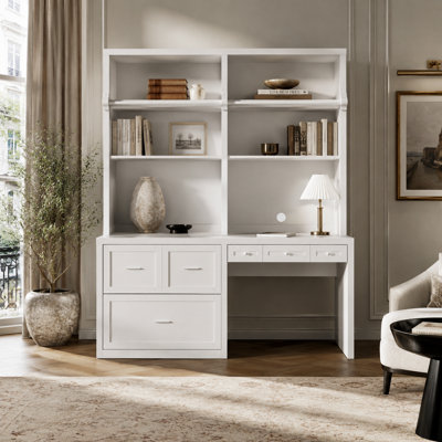 Bureau Ziggie blanc de 196 cm de large avec tablette supérieure, meuble mural pour bureau à domicile avec étagères ouvertes, tiroirs et trousse anti-basculement