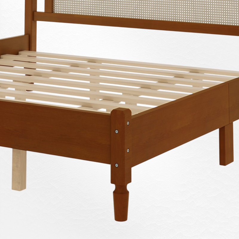 Lit plateforme bohémien en bois avec tête de lit en rotin naturel et conception en arc, King, Noyer