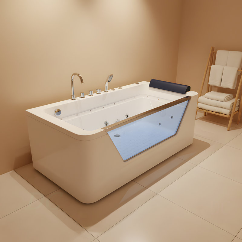 Baignoire tourbillon 67 ", baignoire à jets d'hydrothérapie avec panneau en verre, 7 jets, tablier à 3 côtés, 89 gallons, blanc