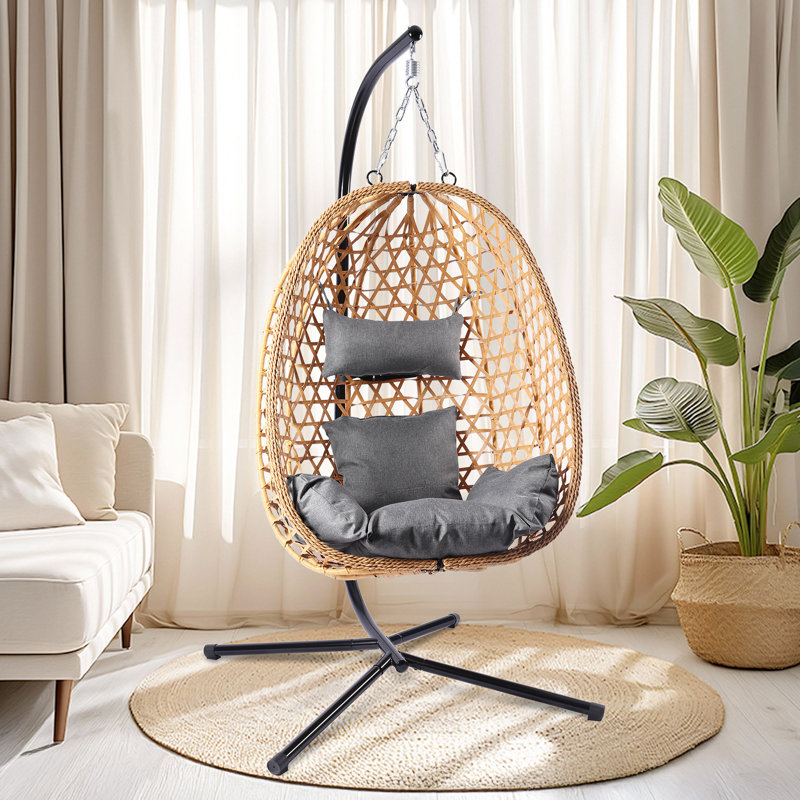 Single Person Wicker Swing Chair with Stand, Suitable for Indoor & Outdoor., Gray