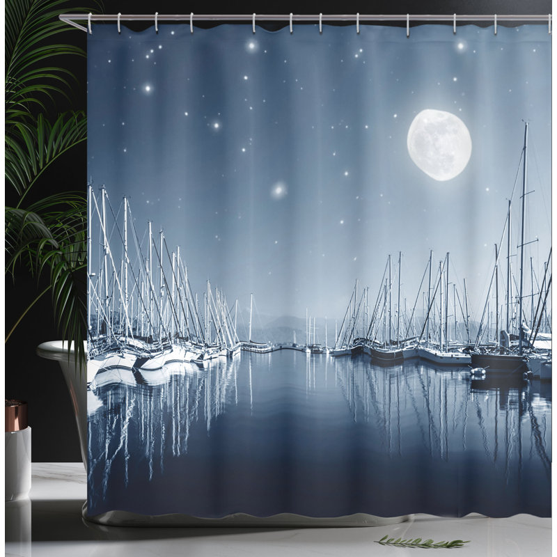 Slate Blue and White Marina Night Scene Fabric Shower Curtain
