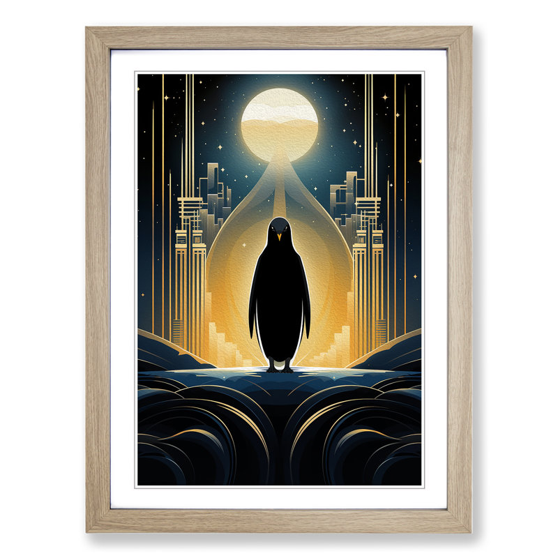 Penguin Art Deco - Framed Print, 46cm H x 34cm W, Oak Framed