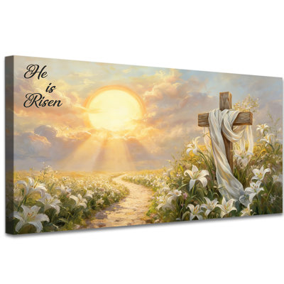 Christian Canvas Wall Art Easter He Is Risen Poster, Cross and White Lily Field Painting, Religious Canvas Prints, Ready to Hang Christian Home Decor for Living Room Bedroom, 12×24 Inches