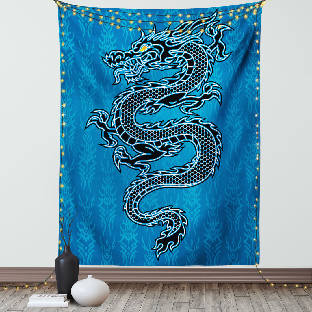 Wandbehang Schwarzer Drache auf blauem Stammes-Hintergrund Jahr des Drachen Thematisch