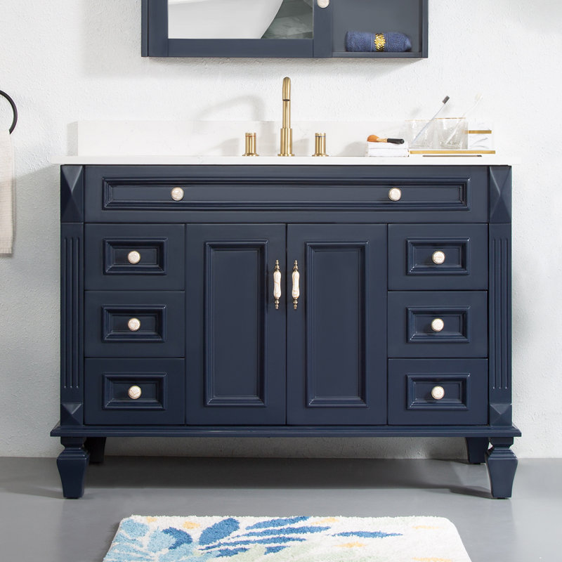 Meuble-lavabo en bois massif H 35 po x l 48 po Elmmanual avec comptoir en quartz blanc Carrera résistant aux taches et lavabo simple