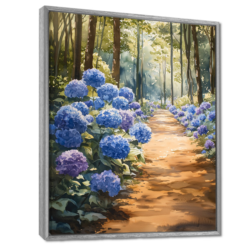 «Hydrangeas In The Garden Path I - Hydrangea», reproduction sur toile, Argent argent, Impression encadrée flottante