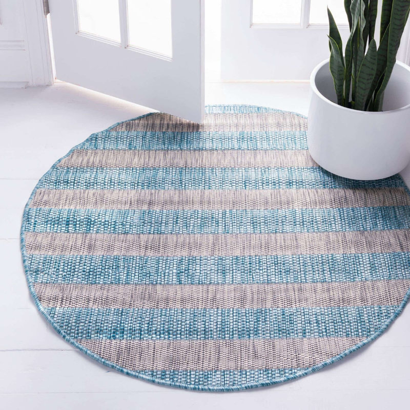 Tapis rayé bleu / gris intérieur / extérieur Hong, Rond 4 pi