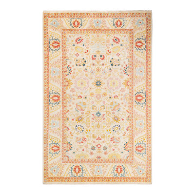Tapis unique en laine noué à la main 6 pi 3 po x 9 pi 5 po nouvel âge Hayner - brun / blanc / jaune