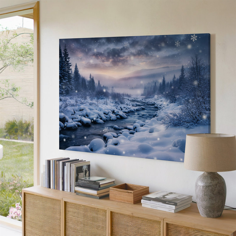 Toile, "Un paysage d'hiver serein avec une rivière qui coule doucement", art mural par Snow Laden, H 11 po x l 14 po