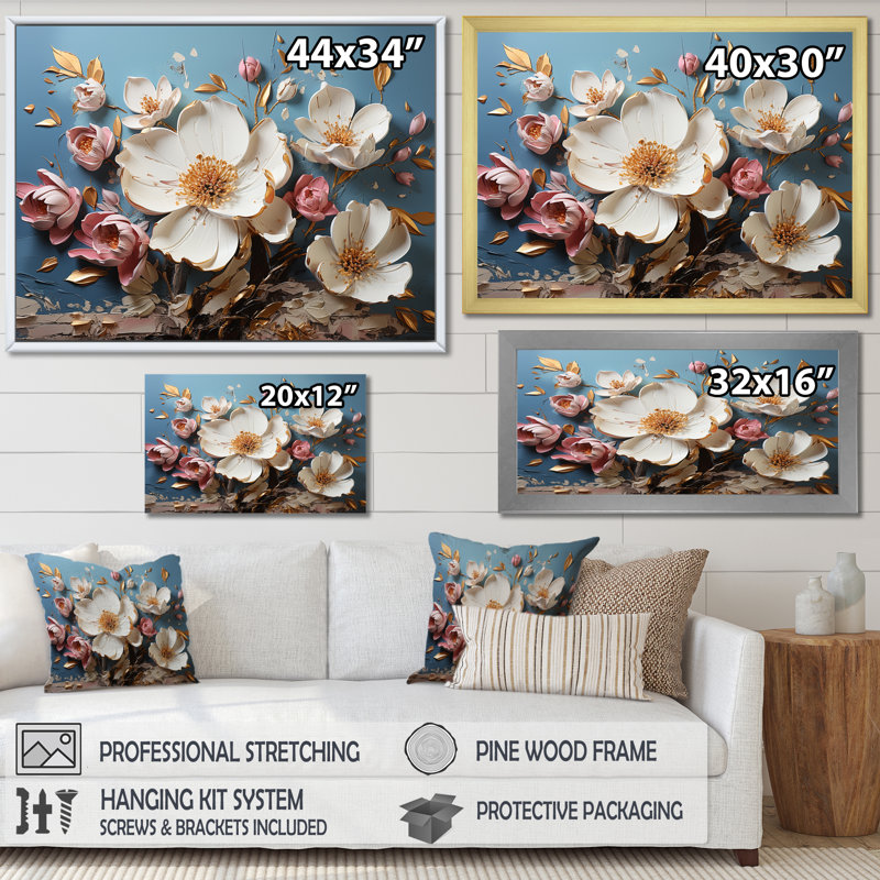 Fleurs de coquelicot blanches et roses - Art floral abstrait, H 12 po x l 20 po x P 1 po, Cadre d'angle fermé blanc