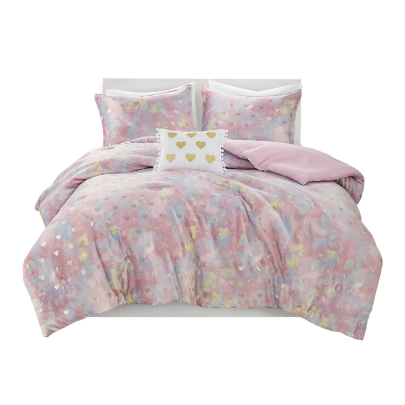 Twin Pink Multi/Gold Microfiber Plush Comforter Set with Hearts