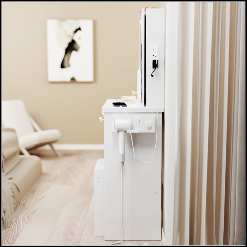29.2" Small Size Left Drawer Desktop Vanity Table + Cushioned Stool, 2 AC+2 USB Power Station, Hair Dryer Bracket, Extra Large Touch Control Sliding LED Mirror, Tri-Color Switching, Brightness Adjust