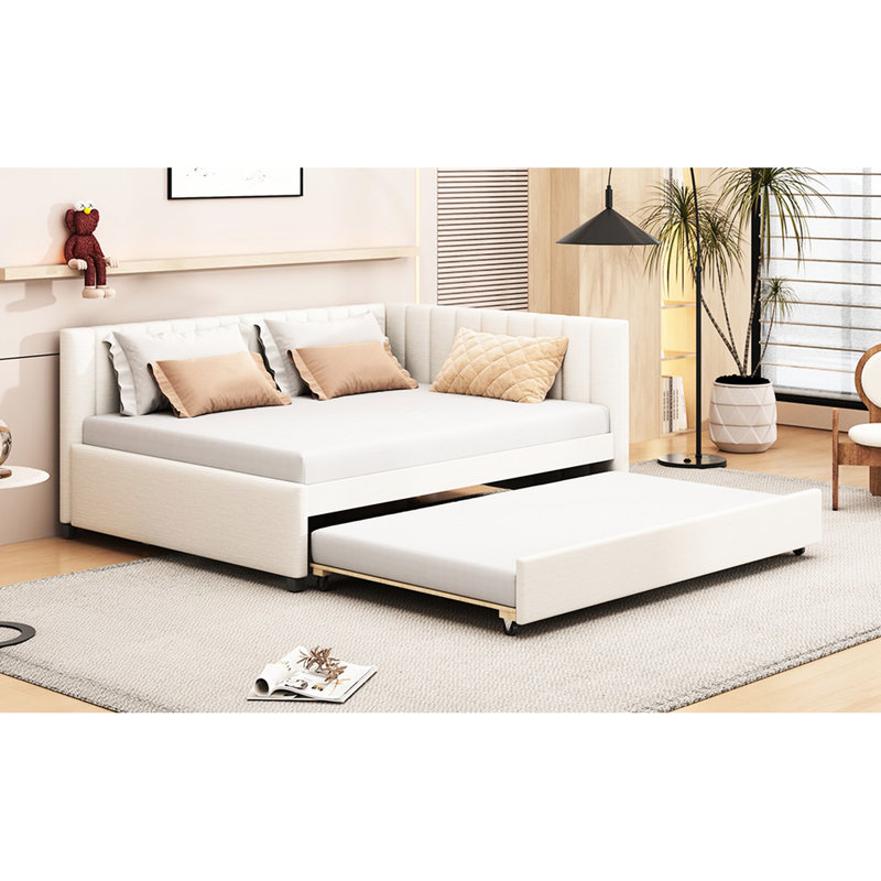 Full Size Daybed With Trundle And Linen Upholstery (beige), Modern Style Beige Trundle, Construction For Years Of Use, Beige