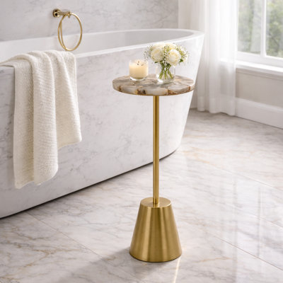 Gold Iron Accent Side Table with Polished Natural Agate Stone Top and Sculptural Pedestal Base, Contemporary Living Room or Office End Table – 24", Beige & Gold