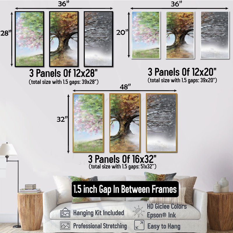 Arbre avec quatre saisons - ensemble d'art mural sur toile encadré paysage de 3, H 32 po x l 48 po, Blanc
