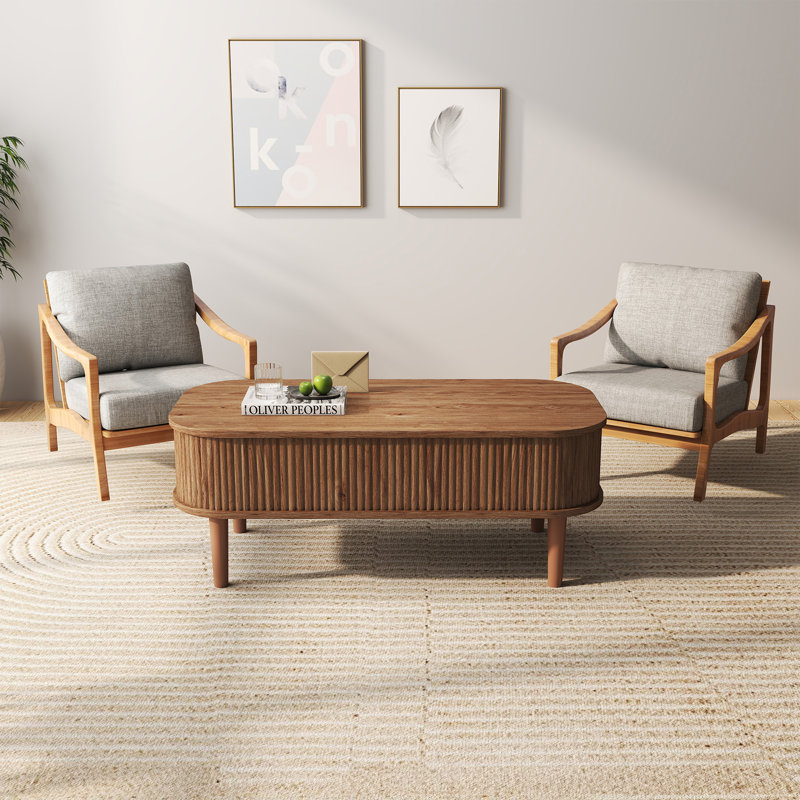 Fluted Lift Top Coffee Table, Modern Oval, Hidden Compartment, Walnut, Living Room, Walnut