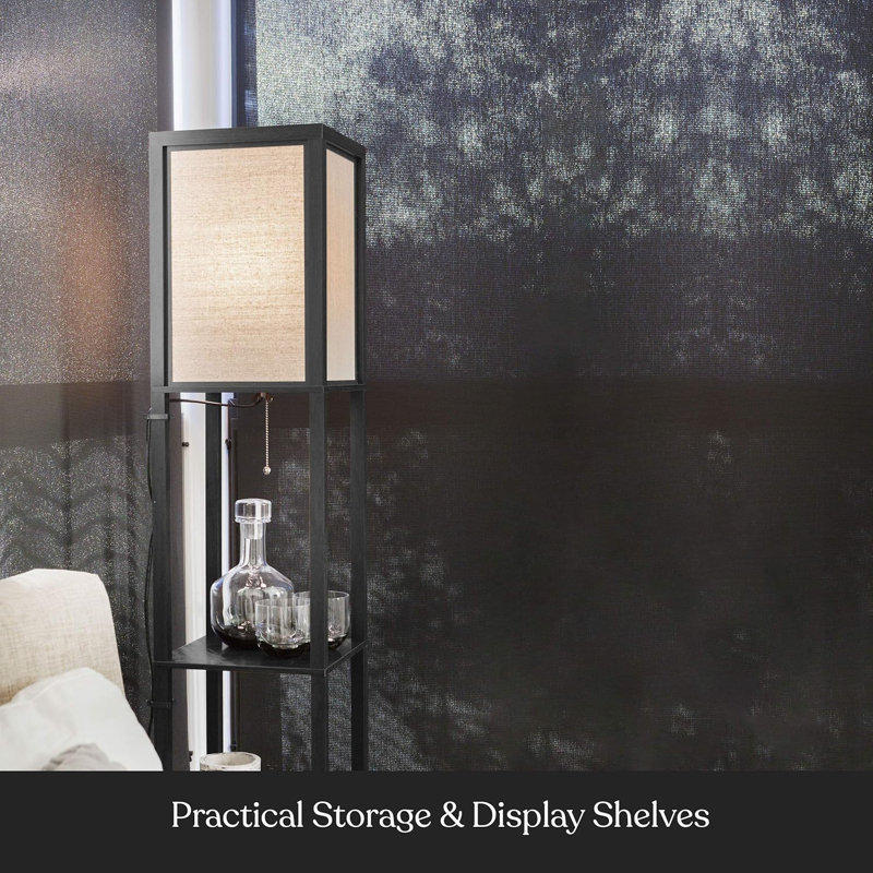 Modern Floor Lamp With Shelves - Solid Wood, Linen Shade, 3 Color Temperatures, Built-In Storage, Black